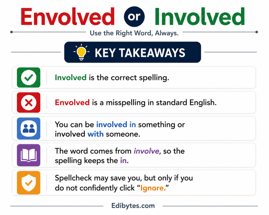 Involved is the correct spelling.
Envolved is a misspelling in standard English.
You can be involved in something or involved with someone.
The word comes from involve, so the spelling keeps the in.
Spellcheck may save you, but only if you do not confidently click “Ignore.”